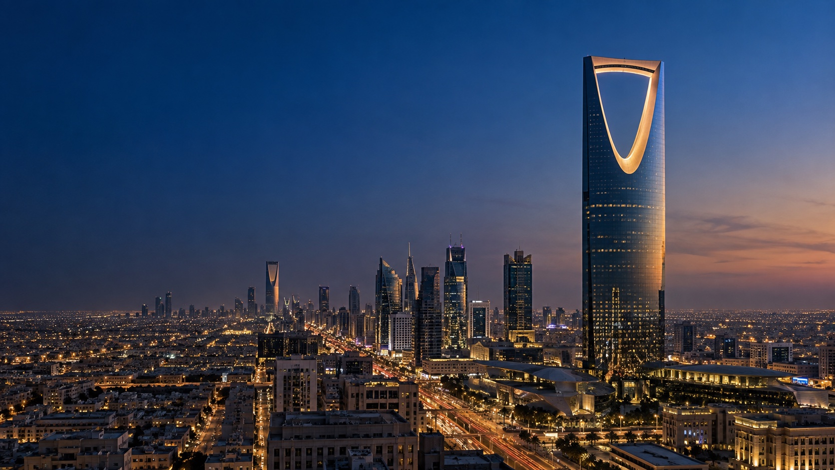 Riyadh skyline featuring Kingdom Centre at dusk