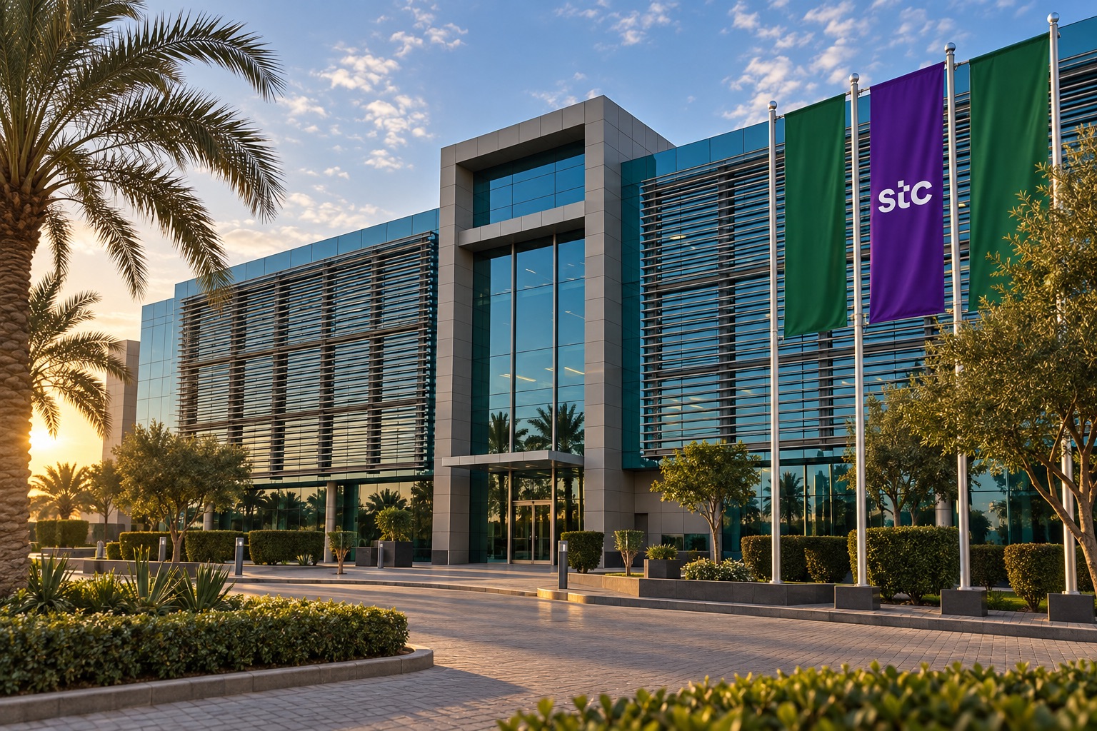 stc headquarters building in Riyadh at golden hour