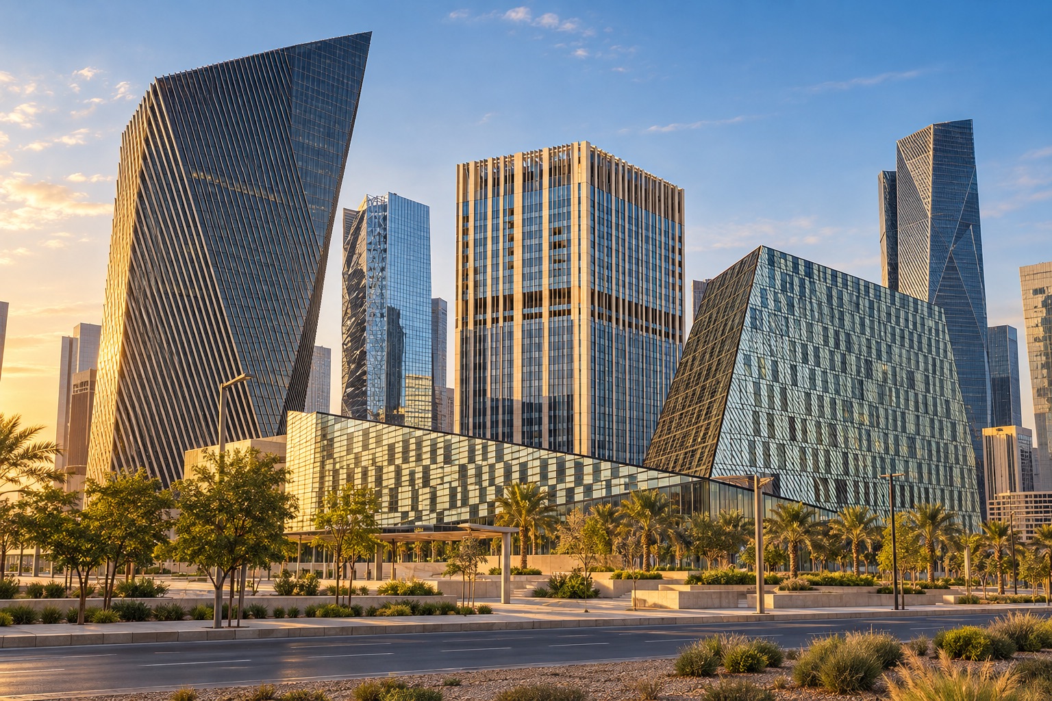 King Abdullah Financial District towers in Riyadh at golden hour